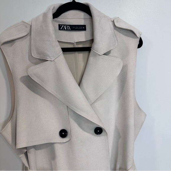 ZARA WOMAN LONG FAUX SUEDE CREAM WITH BELT VEST SIZE L - Picture 4 of 12